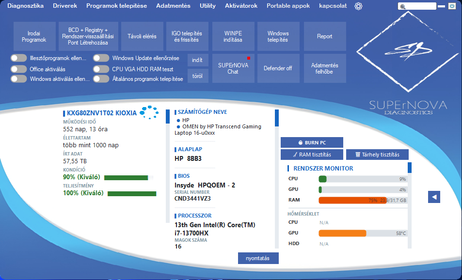 SUPErNOVA szoftver felülete